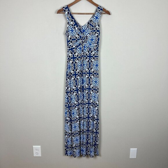 Boden Maxi Dress Women 4L Blue Printed Twist Front Jersey Knit Sleeveless V-Neck - Picture 1 of 13